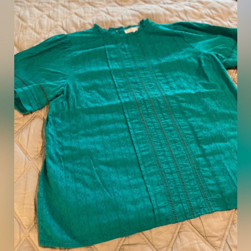 LOFT Teal Embroidered Short Sleeve Blouse